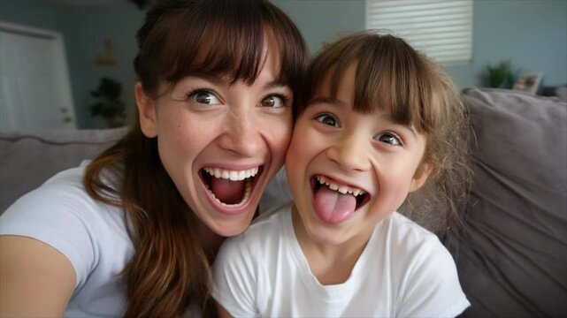 A mother and daughter making silly faces at the camera