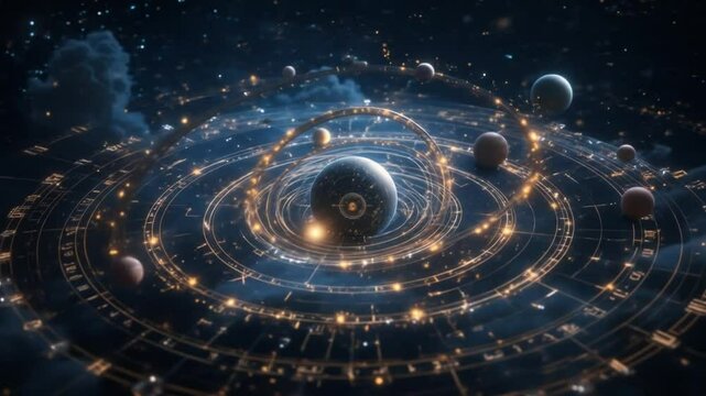 Enigmatic celestial mapping video showcases planetary orbits and cosmic design - Powered by Adobe