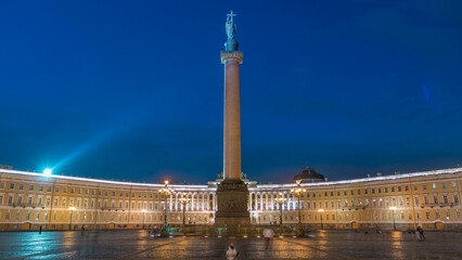 Fototapeta premium Palace Square night lights view of Alexander Column timelapse in St. Petersburg, Russia.