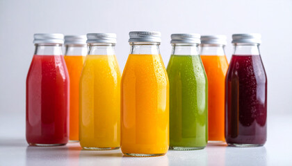Fresh colorful juice bottles against a white background.
