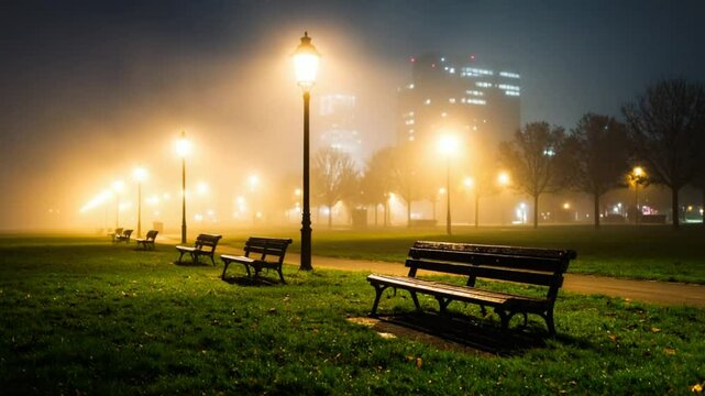Mystical night at the park with benches and lights creating a serene urban scene