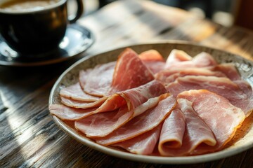 Slices of cured meat on a plate, a cup of coffee in the background