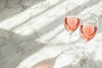 Obraz premium Two glasses of ros? wine on a marble surface, bathed in sunlight (1)