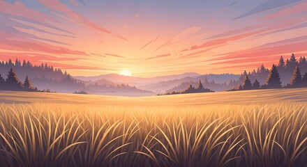 Obraz premium Grass Field at Sunset with Trees and Mountains