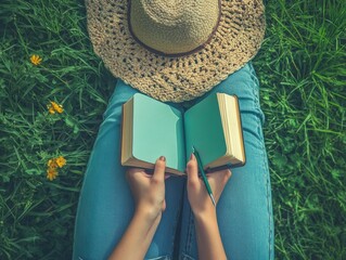 Relaxing outdoor writing session in grass