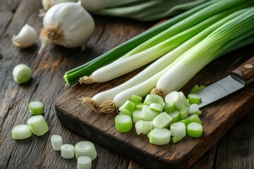 Fresh spring onions on a wooden cutting board, ready for use in cooking
