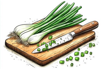 Fresh green onions on a wooden cutting board with a knife and chopped pieces