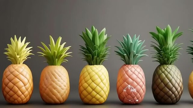 Colorful and Decorative Pineapple Arrangement on a Reflective Surface, Artistic Presentation