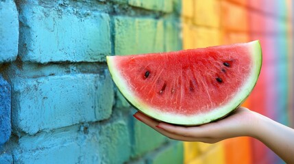 Fresh watermelon slice held against a vibrant colorful wall