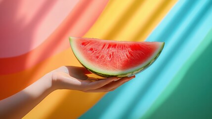 Hand holding a watermelon slice against a colorful background