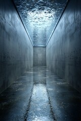 Hallway with water element overhead. Water on floor reflects water on ceiling. Concrete walls lead to unknown.