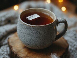 Cozy tea in a gray mug, warm lighting
