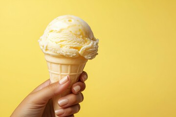 Hand holding a waffle cone with a scoop of creamy, light yellow ice cream against a vibrant yellow backdrop