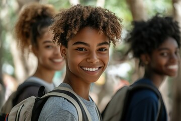 Three diverse teenagers outdoors, smiling and happy