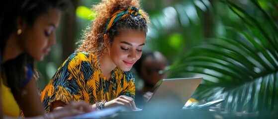 Two young women studying outdoors