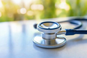 Medical stethoscope on a surface,  ready for use.  A close-up view of the instrument, highlighting its metallic finish and dark blue tubing. 
