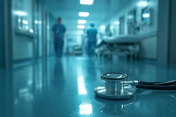 Hospital hallway with medical equipment.  Blurred figures of medical professionals walking, with a stethoscope on the floor
