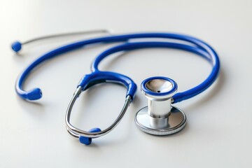 Blue stethoscope on a white surface