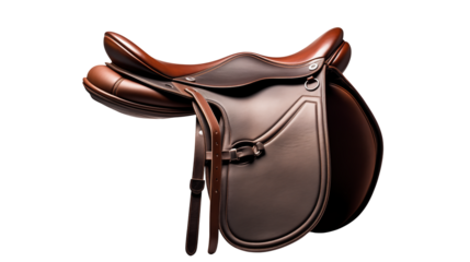 A brown leather english saddle isolated on a transparent background
