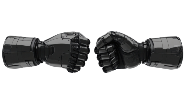 Human and robot fist bump isolated on white background