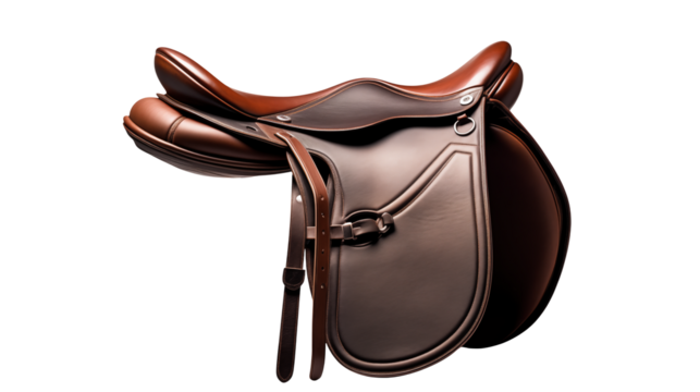 A brown leather english saddle isolated on a transparent background
