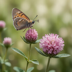 Obraz premium Macro-style watercolor of a blooming pink clover, with a small skipper butterfly poised on a petal and soft background bokeh created by distant wildflowers.