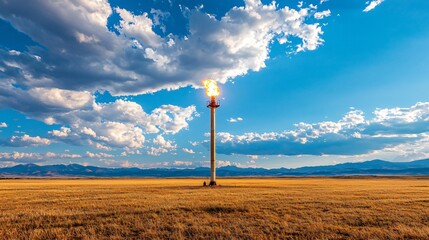 natural gas flare tower in a field of yellow grass, no active flame, structure blending into environment, storm clouds in the distance, dynamic lighting, stillness in the frame
