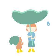 大きな葉っぱの傘をさす女の子と小さなクマ