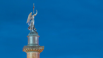Statue of angel on the Alexandria column on Palace Square night timelapse .Saint- Petersburg. Russia