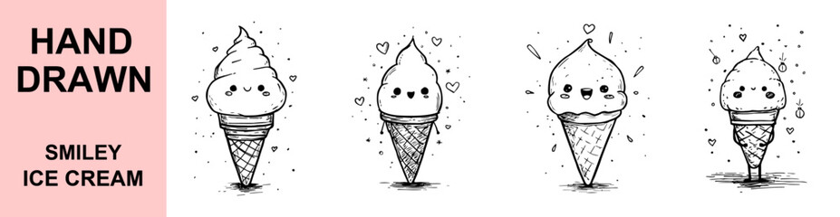 Fototapeta premium Hand Drawn Cute Smiley Ice Cream Cone Characters with Kawaii Faces and Doodle Style Perfect for Kids Summer Dessert Design 