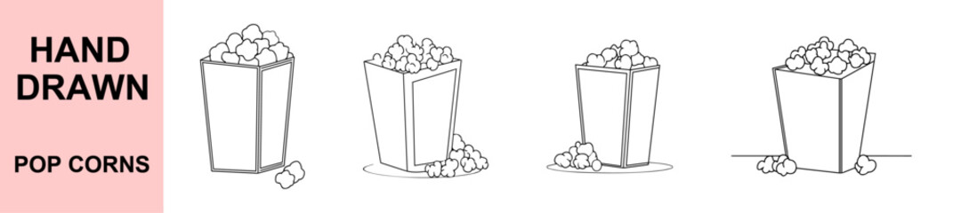 Hand Drawn Popcorn Box Vector Set With Popcorn Spilling For Cinema Food And Snack Clipart In Doodle Sketch Style Illustration
