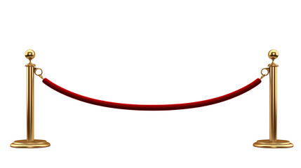 Red velvet rope barrier with golden posts on transparent background