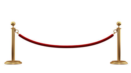 Red velvet rope barrier with golden posts on transparent background