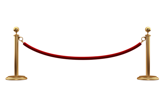 Red velvet rope barrier with golden posts on transparent background