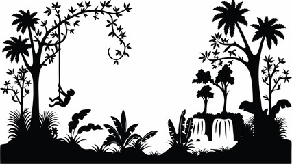 Silhouette of a jungle scene with a child swinging from a vine near trees and a waterfall landscape scene |eps vectors set
