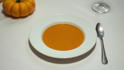 A pristine white tablecloth adorned with a clean, empty bowl that once held warm pumpkin soup, cinematic. isolated with white highlights