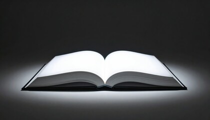 Open Book with Glowing Pages on Dark Backdrop in Illuminated Style Bright Light White Pages and Mystical Atmosphere Evoking Education and a Timeless Sense of Knowledge