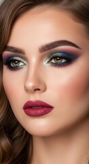 Fototapeta premium Stunning Close-up Portrait of a Woman with Bold and Dramatic Eye Makeup and Deep Red Lipstick