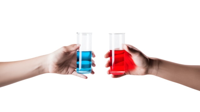Hands holding glasses with blue and red liquid against a transparent background