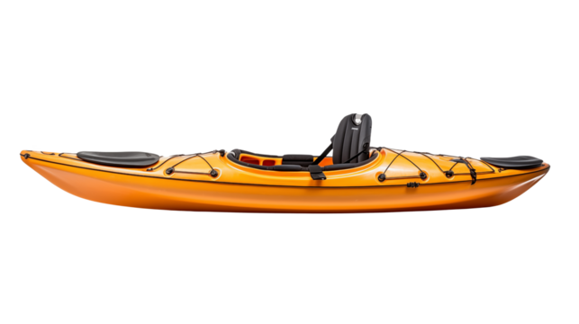 Isolated view of a yellow kayak with black seat on transparent background