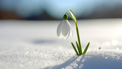 Macro Shot of a Single White Snowdrop Flower Encased in Ice With Intricate Crystalline Details Against Blurred Blue and White Snowy Background During Winter with Sunlight
