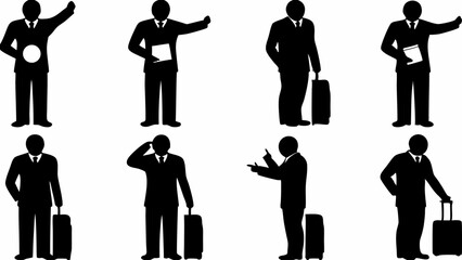 Silhouette illustrations of business travelers with luggage in various poses and gestures |eps vectors set
