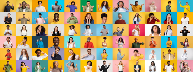 This vibrant collage showcases a diverse collection of portraits of people from various backgrounds, expressing different emotions and lifestyles against bright, colorful backgrounds.
