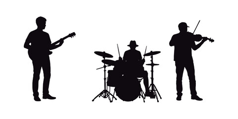 Music Group Silhouette Set. Guitar, Drums, and Violin Players.
