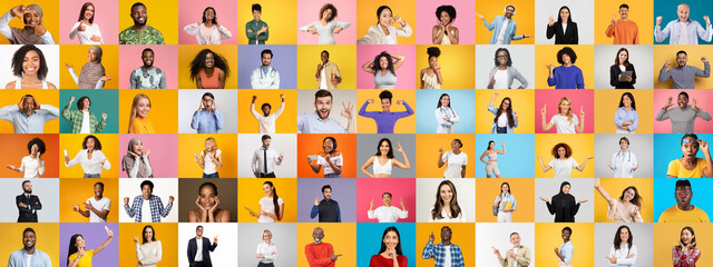 Multiracial individuals showcase a variety of smiles and gestures, reflecting joy, confidence, and...