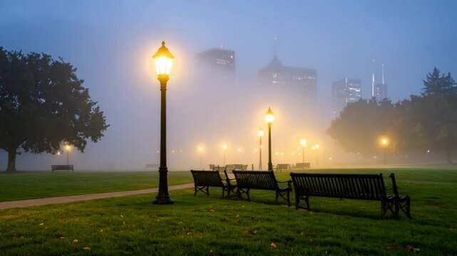 Ethereal Urban Oasis: Misty Parkscape Embracing City Lights at Twilight Hour