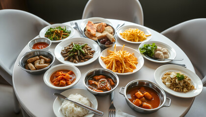 A variety of delicious food dishes are beautifully arranged on the round dining table during mealtime., simple style. isolated with white highlights