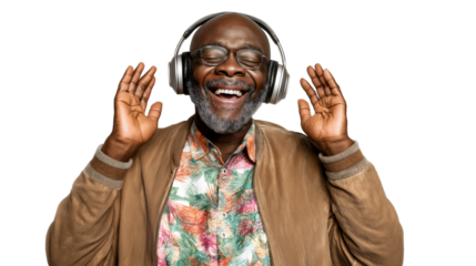 Senior African-American man wearing headphones and listening to music, singing and laughing, isolated on white or transparent background
