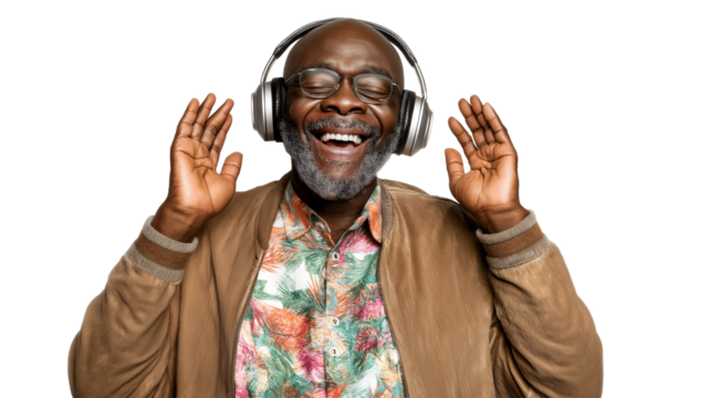 Senior African-American man wearing headphones and listening to music, singing and laughing, isolated on white or transparent background - Powered by Adobe