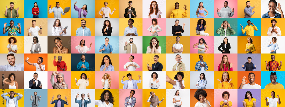 Poster a lively collection of portraits featuring diverse individuals expressing a range of emotions. set a